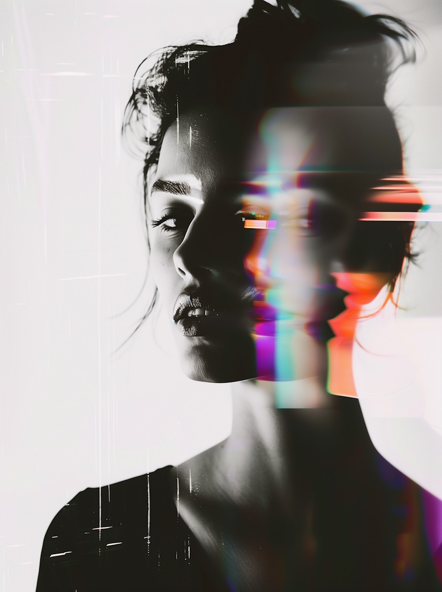 Portrait of a woman with digital abstract effects and color overlays